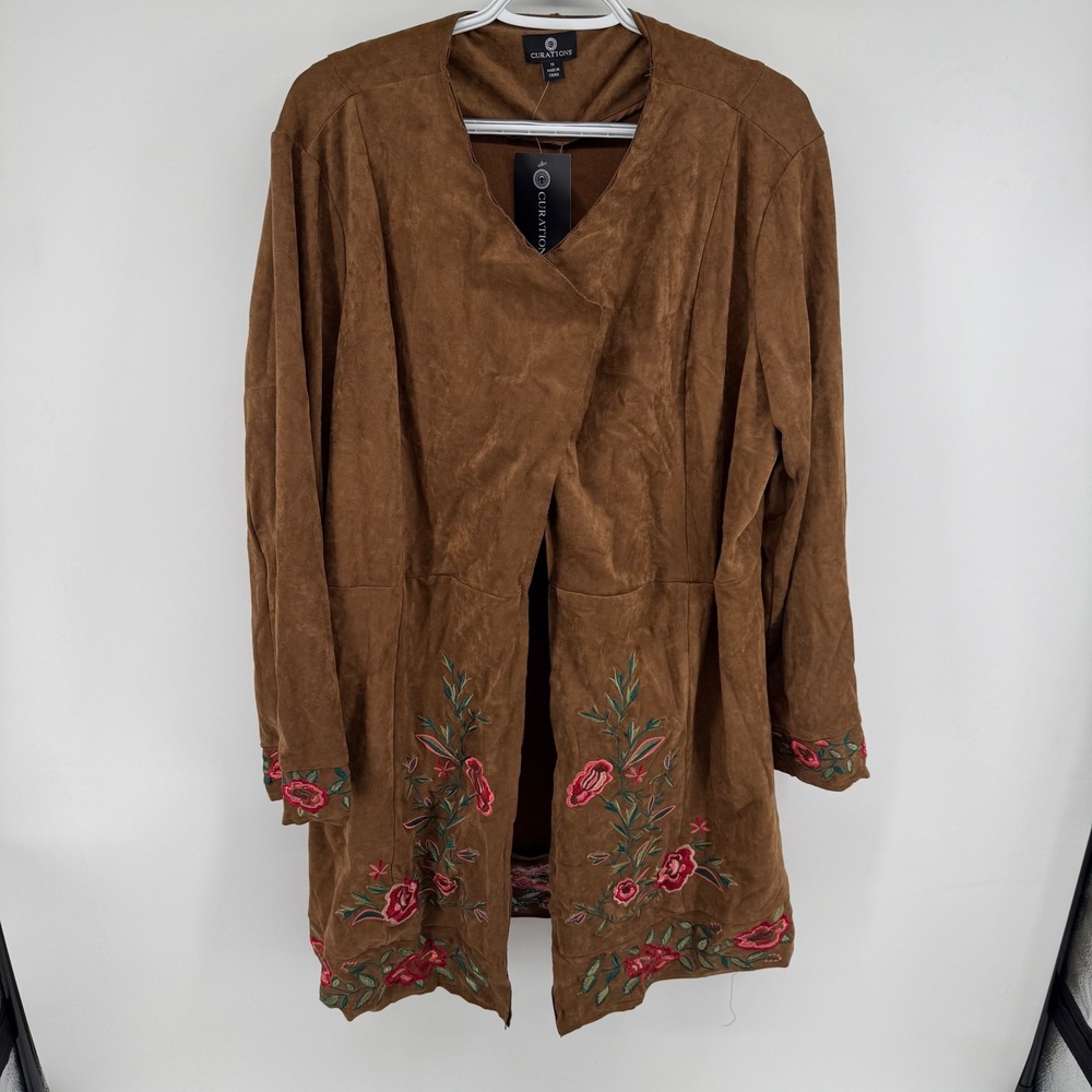 Curations Faux Suede Coat Women's XL Brown Embroidered Floral Boho Western